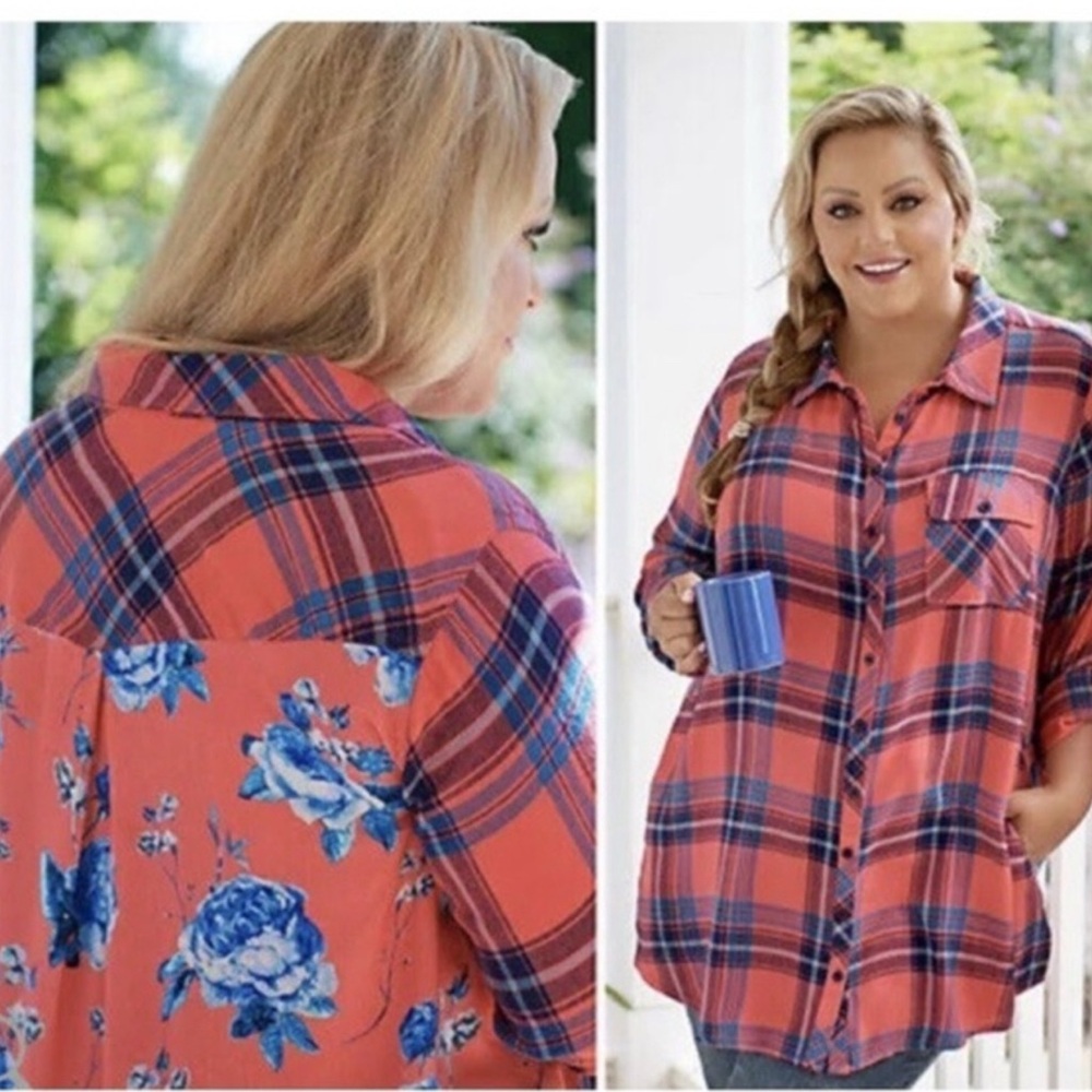 Tolani Collection Flannel Floral Neicy Plaid Button Shirt Tunic Red Blue Size 3X
